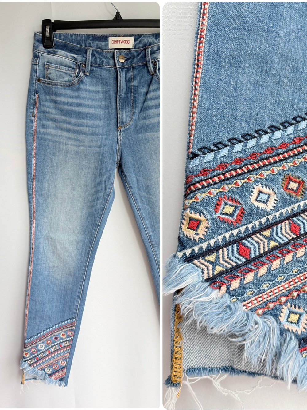 Driftwood Jackie Size 29 Embroidered Cropped Jeans – Boho Raw Hem Denim
